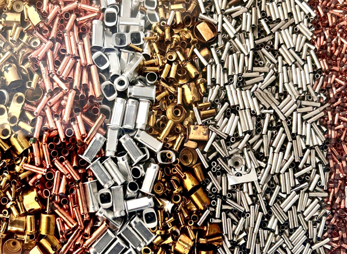 Assorted deep draw metal components by Click Bond organized by copper, brass, aluminum, and stainless steel materials