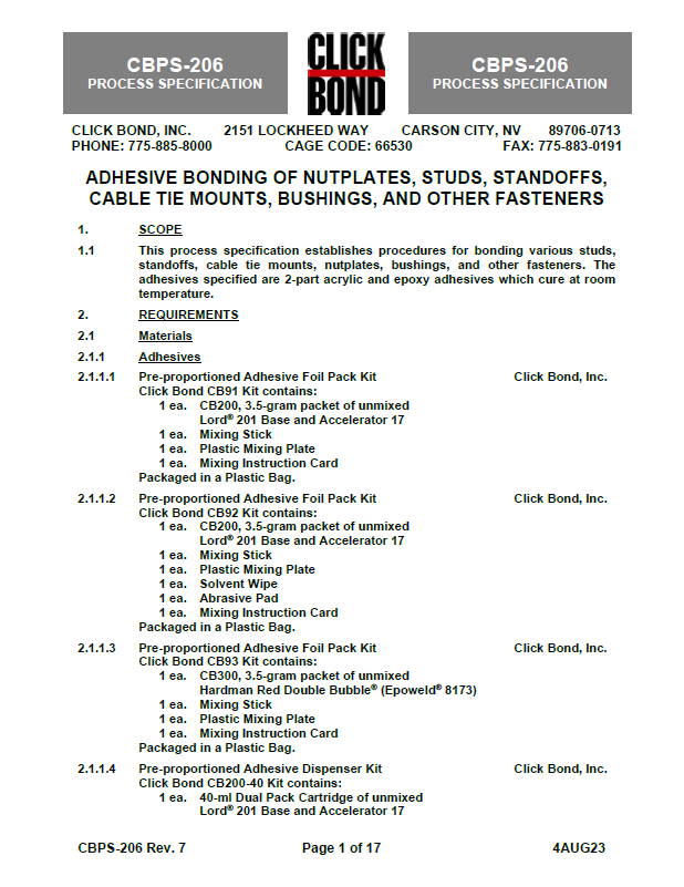 Cover page of Click Bond process specification CBPS-206, Rev. 7, titled "Adhesive Bonding of Nutplates, Studs, Standoffs, Cable Tie Mounts, Bushings, and Other Fasteners." Includes the Click Bond logo, company address in Carson City, NV, and the beginning of the materials requirements section.