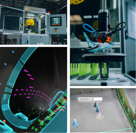 Automated adhesive bonding system demonstrating Click Bond’s digital solutions with robotic precision, surface preparation, and XR-guided installation visualization.
