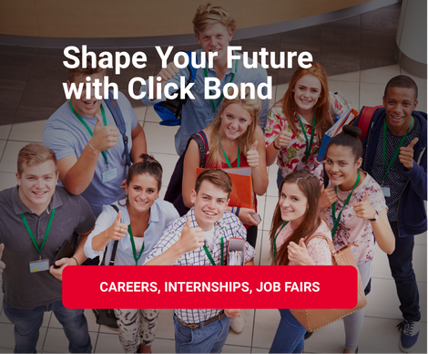 Group of smiling students giving thumbs up at a career fair promoting Click Bond careers, internships, and job opportunities.