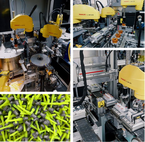 FANUC robotic assembly line applying adhesive-bonded fasteners with precision automation, showcasing Click Bond’s advanced manufacturing and inspection technology.