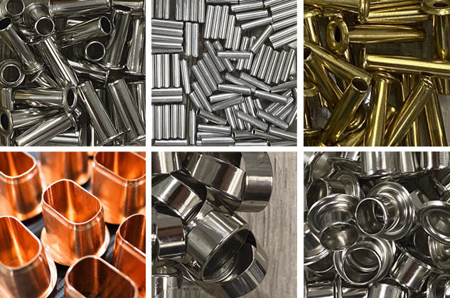 Grid of deep draw components in brass, copper, aluminum, and stainless steel alloys