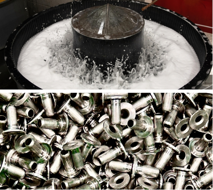 Deep draw parts in tumbling bath and polished metal components ready for shipping
