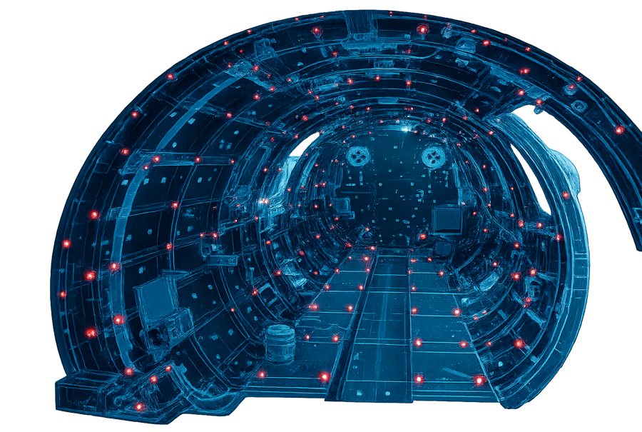 Digital thread visualization of a fuselage section with every bonded fastener location captured as a tracked data point